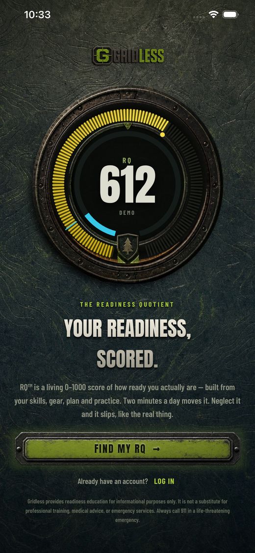 The Gridless home screen showing an RQ readiness score of 612