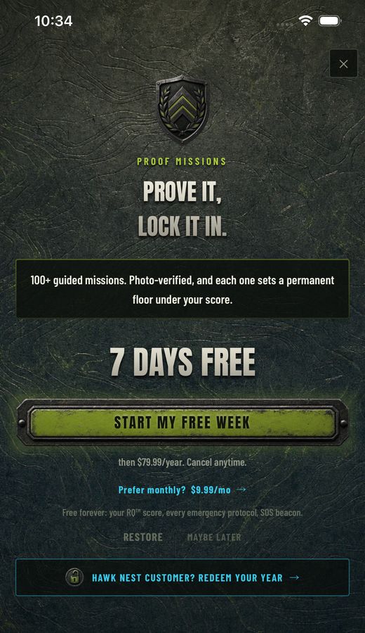 The Gridless paywall, with the Hawk Nest customer redemption row at the bottom